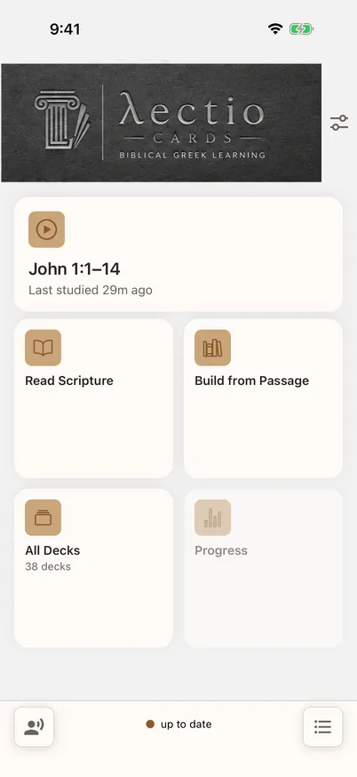 The home dashboard with tiles for grammar decks, reading Scripture, building a deck from a passage, all decks, and progress.