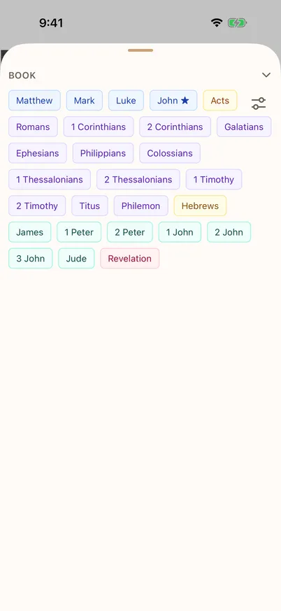 The passage builder’s book picker, showing every book of the New Testament as a selectable chip.