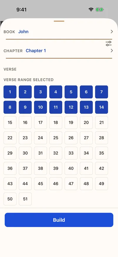 The passage builder with verses 1 through 14 of John 1 selected as a range, and a Build button ready.